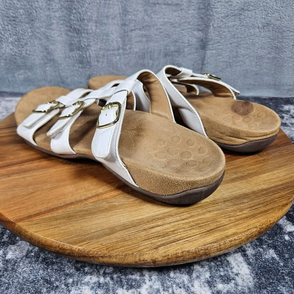 Vionic Misa Slide Sandals White Patent Leather Size 7 Adjustable Straps Buckle